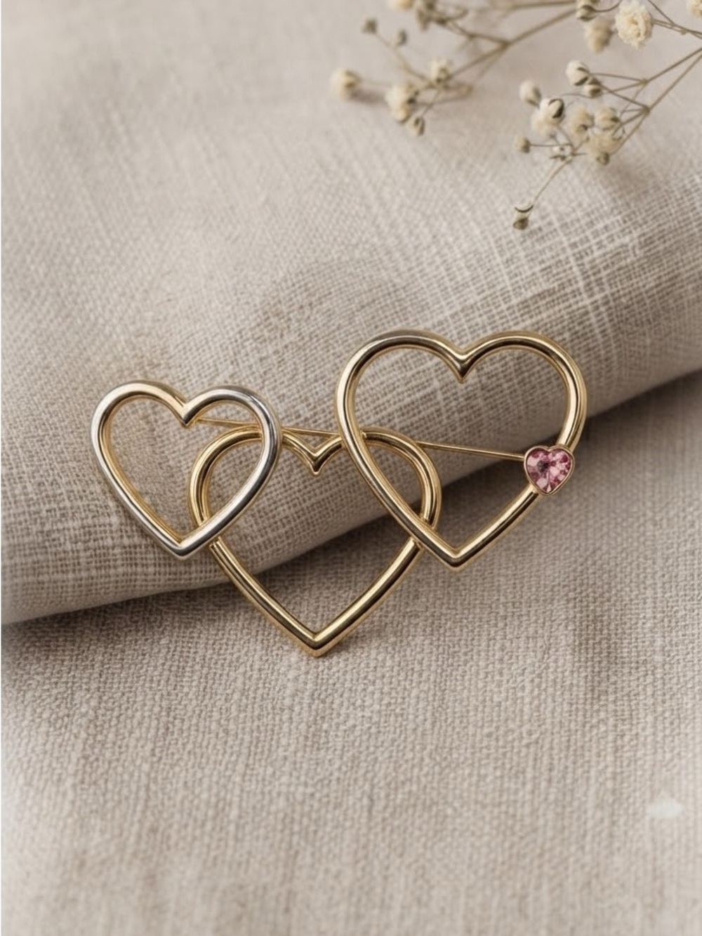 Vintage Triple Open Heart Brooch Gold Tone Pink Rhinestone Pin